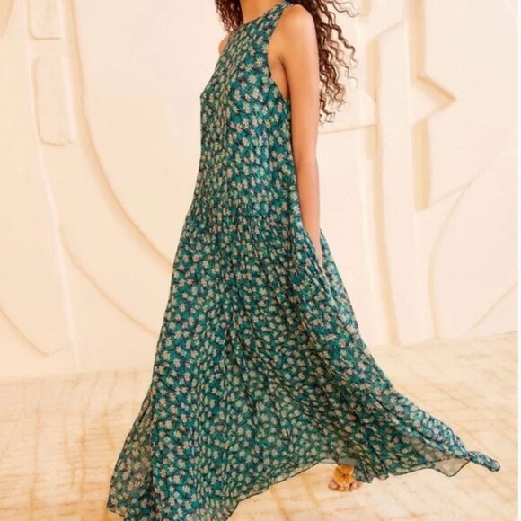 Ulla Johnson Eleni Maxi Dress Gown Printed Drop Waist Silk Clematis Floral Green - Picture 3 of 13